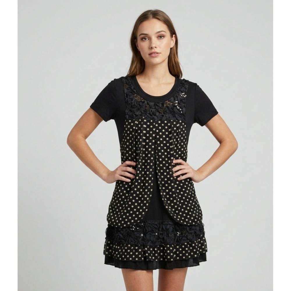 Yangyang Dress Medium Tunic Black Polka Dot Sequin Floral Lace Detail